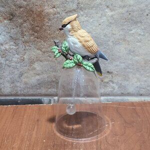 Vintage Cedar Waxwing Bird on Glass Bell  Silver Tone Chain Glass Ball